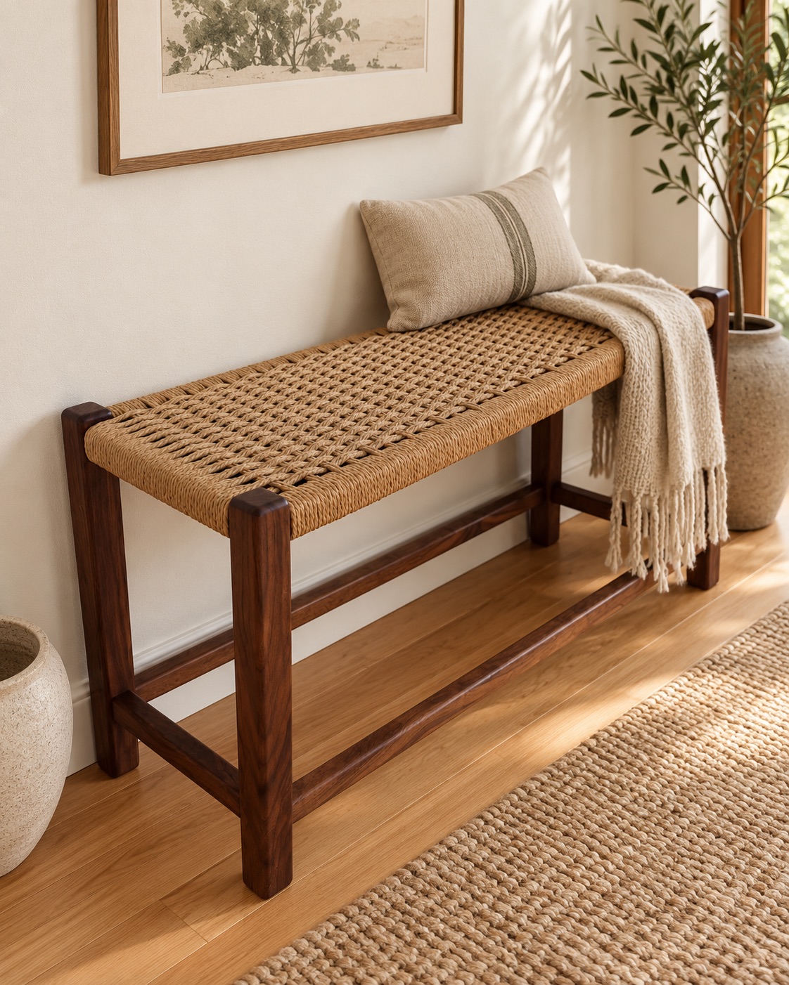 Boilard Artisan wooden bench with a woven seat, styled with a cushion and throw