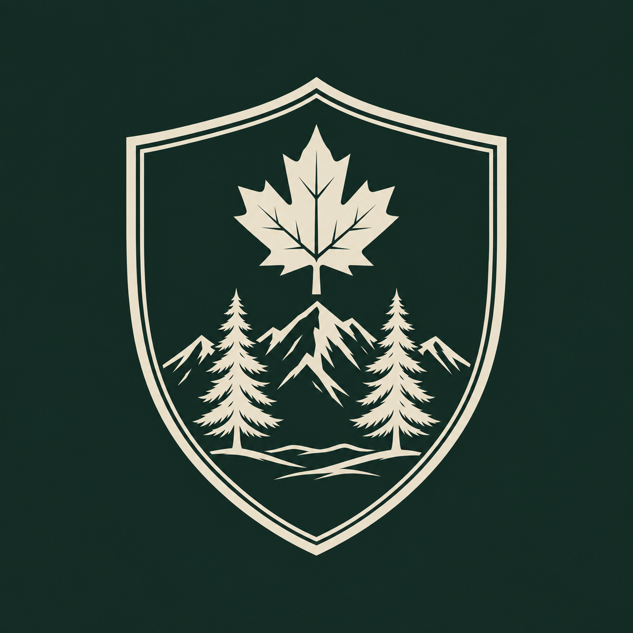 A northern crest with a maple leaf, pine trees and mountains